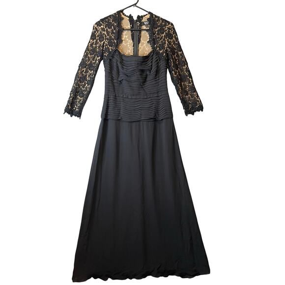 Tadashi Shoji Lace Floral‎ Crepe Silk Gown Sz 4 Formal Mother of The Bride Black - Picture 1 of 8